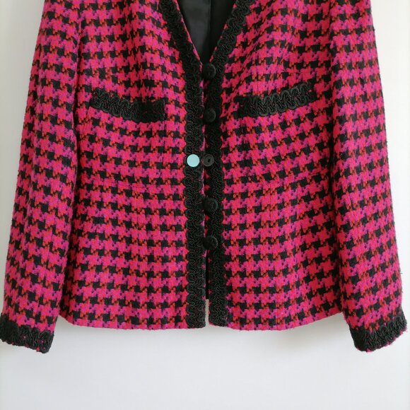 Geary Roark Womens Pink Houndstooth Print Silk Jacket Skirt Set Outfits Size 14 - Picture 4 of 12